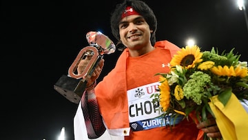 Neeraj Chopra Diamond League final with the Diamond League Trophy (Image: World Athletics)
