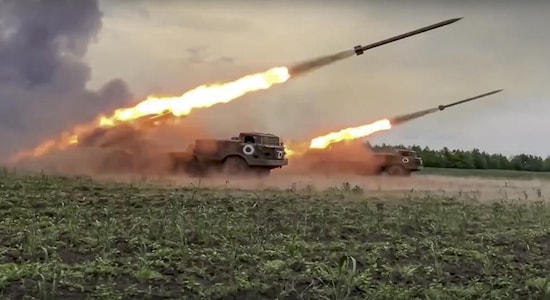 In this handout photo released by Russian Defense Ministry Press Service released on June 1, 2022, The Russian military's Uragan multiple rocket launchers fire rockets at Ukrainian troops at an undisclosed location. (Russian Defense Ministry Press Service via AP, File)