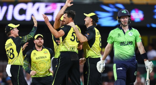 Ireland were off to a distastarous start in the run chase as the team was reduced to 25/5 in just 3.6 overs. Glenn Maxwell and Mitchell Starc did most of the damage as the two bowlers picked a couple of wickets each in their initial burst. (Image: AP)