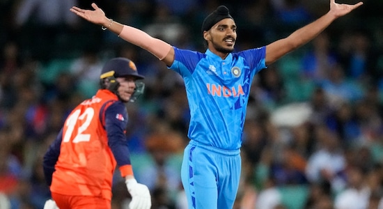 Arshdeep Singh then picked the wickets of Logan van Beek and Fred Klaassen on back-to-back deliveries in the 18th over to leave the Netherlands reeling at 101/9. (Image: AP)