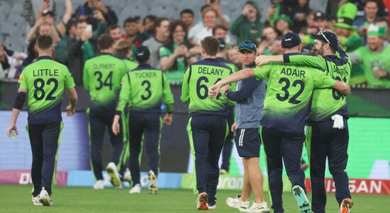 Ireland on Wednesday added to their bocquet of famous wins at Cricket World Cups as they beat their neighbourns England in Super 12 Group 1 match of the onging ICC T20 World Cup 2022 at the Melbourne Cricket Ground. Batting first Ireland captain Andy Balbarnie hit 62 off 47 balls to take his side to 157 in 19.2 overs. Then irish bowlers stepped up as Joshua Little picked 2 wickets, Also amogst wickets were Barry McCarthy, Fionn Hand and George Dockrell. Ireland had England at 105/5 in 14.3 overs before it started raining. The umpires were forced to take the players off. When the layers walked off England were trailing Ireland by 5 runs on DLS method. Rain continued to pelt at the MCG and no further action was possible. The umpires had to call off the match and declare Ireland as the winners. Ireland beating England at the MCG revoked memories of the times when the Irishmen have notched memorable wins at the Cricket World Cups. Here are four more such matches from cricket history. (Image: AP)
