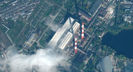 This satellite image provided by Maxar Technologies shows damage to a power station in Kyiv, Ukraine on Wednesday, Oct. 12, 2022, after a Russian attack. (Maxar Technologies via AP)