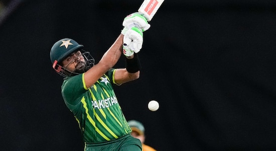 Babar Azam's poor run in this World Cup continued as he was the next batsman to go. Babar walked back on a personal score of 6 in 15 balls. Pakistan were struggling at 40/3. (Image: AP)
