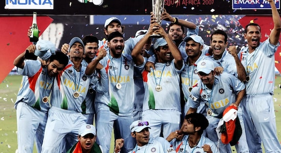 A young team led my MS Dhoni won the first ever ICC World Twenty20 in South Africa in 2007. India defeated Pakistan in a closely faught final to become the first ever T20 World Champions. (Image: AFP)