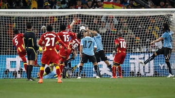 5. Not the hand of God: 2010In the last minute of extra time in the 2010 quarter-final match between Uruguay and Ghana, Luis Suarez used his hands to keep out a goal-bound header and was sent off. The subsequent penalty was missed, and Suarez was seen celebrating on the sideline.Later, Ghana went on to lose the penalty shootout, and Uruguay proceeded to the semi-finals.