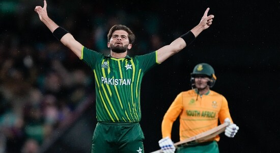 Pakistan's star fast bowler Shaheen Shah Afridi ensured that South Africa did not get a flying start in the run chase. Afridi first removed Quinton de Kock and and then claimed the wicket of Rilee Rossouw. South Africa were 16/2 in 2.4 overs. (Image: AP)