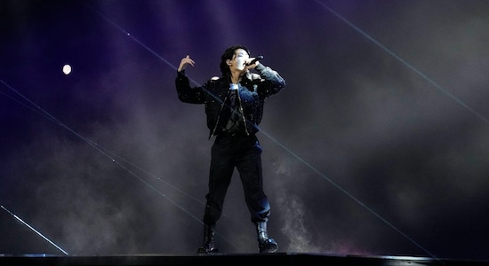Next South Korean pop singer and the youngest member and vocalist of the South Korean boy band BTS, Jung Kook, took the centre stage at the Al Bayt Stadium. Jung Kook thrilled the crowd with his stunning performance. (Image: AP)