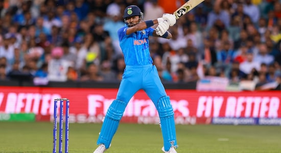 Indian innings got an uplift towards the end as Hardik Pandya powered his first fifty of the tournament. Pandya smashed his way to 63 in only 33 balls before he got hit wicket on the last delivery of the Indian innings. India finished with 168/6 in 20 overs. (Image: AP)