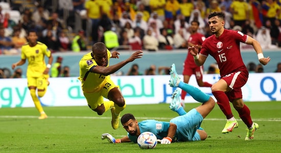 Valencia was Qatar’s tormentor in chief and he won a penalty after being brought down by Qatar keeper Saad Alsheeb in the 15th minute. (Image: Reuters) 