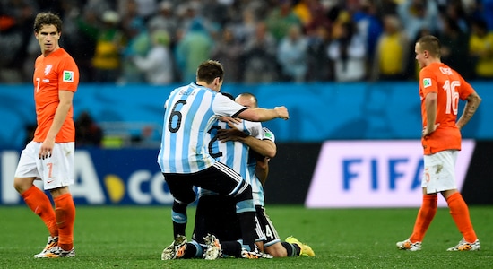 9 July 2014,  Netherlands 0 (2) - 0 (4) Argentina | The fifth and most recent encounter between the two teams came at the 2014 FIFA World Cup semi-final in Brazil. Argentina’s talisman Lionel Messi confirmed his first and only appearance in a World Cup final after his side emerged victorious on penalties. Before the spot-kicks were taken, the game had ended 0-0 after extra time. This was the first World Cup semi-final to end in a goalless draw. Argentina keeper Sergio Romero saved the first and fourth penalties from Ron Vlaar and Wesley Sneijder respectively. Maxi Rodriguez scored the decisive fourth penalty for Argentina to send them to the final to face Germany, whereas the Netherlands had to settle for a third-place play-off against Brazil.