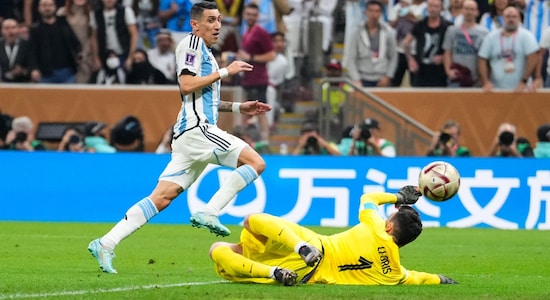 Argentina's Angel Di Maria scores his side's second goal past France's goalkeeper Hugo Lloris
