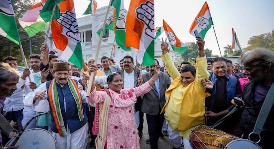 Himachal Pradesh Assembly elections 2022: Congress workers celebrate the party's decisive lead in Himachal Pradesh Assembly Election, at the party office in Lucknow, Thursday, Dec. 8, 2022. (PTI Photo/Nand Kumar)(
