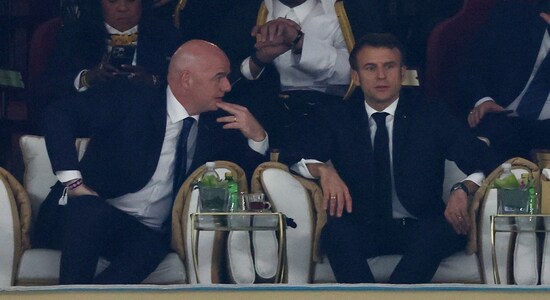 FIFA president Gianni Infantino pictured alongside former French President Emmanuel Macron inside the Lusial Stadium. (Image: Reuters)
