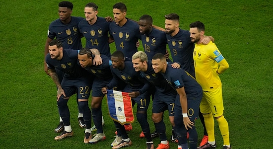 French players pose for group photo just before the start of the start of the World Cup final soccer match between Argentina and France at the Lusail Stadium in Lusail, Qatar