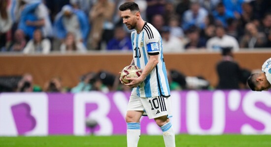 France started the final slowly and french forward Ousmane Dembélé fouled Ángel di Maria inside the French box to concede a penalty. Lionel Messi stepped up and converted from the spot to give Argentina an early lead. (Image: AP) France started the final slowly and french forward Ousmane Dembélé fouled Ángel di Maria inside the French box to concede a penalty. Lionel Messi stepped up and converted from the spot to give Argentina an early lead. (Image: AP)