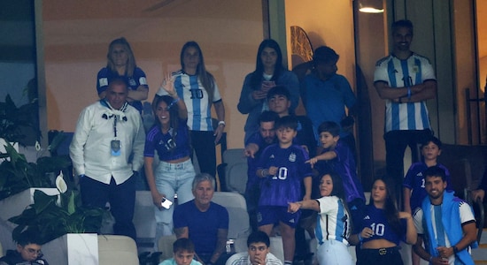 Lionel Messi's wife Antonela Roccuzzo with their children Mateo and Thiago, and Celia Maria Cuccittini and Jorge Messi, parents of Argentina's Lionel Messi, in the stands before the match
