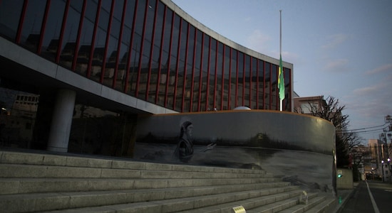 The Brazilian flag is flown at half-staff at the Brazil Embassy in Tokyo after the demise of the Brazilian football icon. (Image: AP) The Brazilian flag is flown at half-staff at the Brazil Embassy in Tokyo after the demise of the Brazilian football icon. (Image: AP)