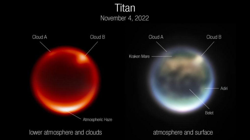 NASA의 제임스 웹 망원경은 토성의 가장 큰 달인 타이탄의 구름 이미지를 기절시킵니다.