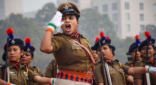In Agartala, Tripura, Security force personnel march past during the 74th Republic Day function. In Agartala, Tripura, Security force personnel march past during the 74th Republic Day function.