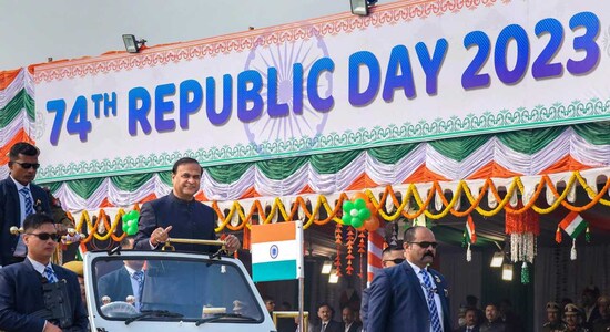 In Guwahati, Assam Chief Minister Himanta Biswa Sarma inspected the parade during the 74th Republic Day celebrations at Khanapara ground. In Guwahati, Assam Chief Minister Himanta Biswa Sarma inspected the parade during the 74th Republic Day celebrations at Khanapara ground.