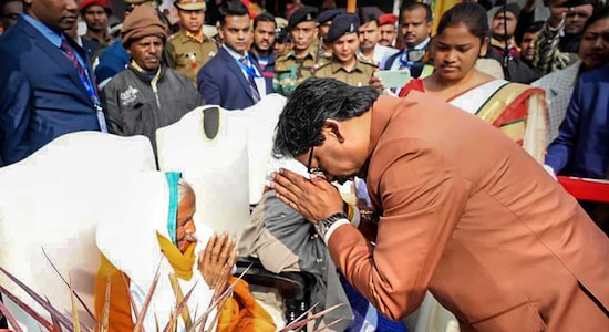 Jharkhand Chief Minister Hemant Soren felicitates security personnel and their families during the 74th Republic Day celebrations, in Dumka district on January 26.