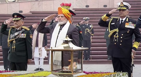Ahead of the parade, Prime Minister Narendra Modi, Chief of Defence Staff General Anil Chauhan and Chief of Naval Staff Admiral R Hari Kumar paid homage at the National War Memorial to mark the 74th Republic Day, in New Delhi