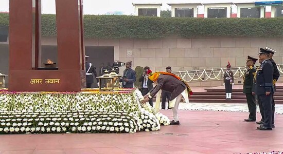 Prime Minister Narendra Modi started the celebrations of the 74th Republic Day of India by honouring martyrs by laying a wreath at the National War Memorial in New Delhi on Thursday, January 26. Prime Minister Narendra Modi started the celebrations of the 74th Republic Day of India by honouring martyrs by laying a wreath at the National War Memorial in New Delhi on Thursday, January 26.