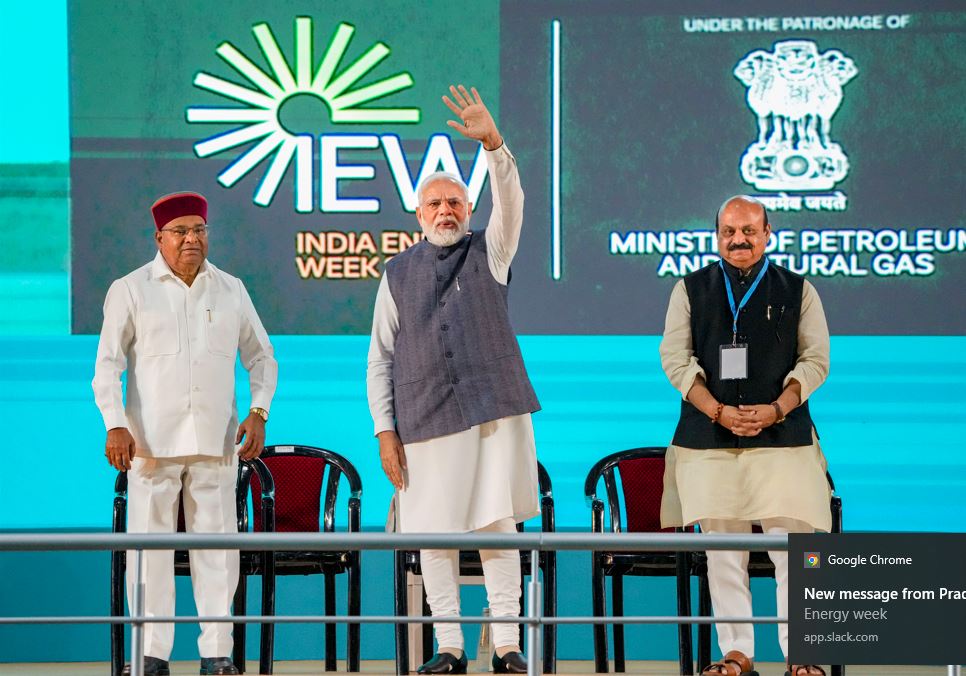 Bengaluru: Prime Minister Narendra Modi with Karnataka Governor TC Gehlot and Chief Minister Basavaraj Bommai at the India Energy Week in Bengaluru.