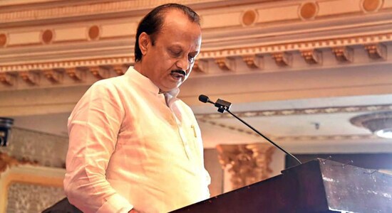 Nationalist Congress Party (NCP) leader Ajit Pawar takes oath as Maharashtra Deputy Chief Minister, during a ceremony. at Raj Bhavan, in Mumbai. (PTI)&#96;