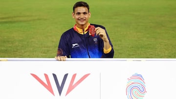 Arjun flaunts his bronze medal at the 2023 Commonwealth Youth Games held in Port of Spain, Trinidad and Tobago