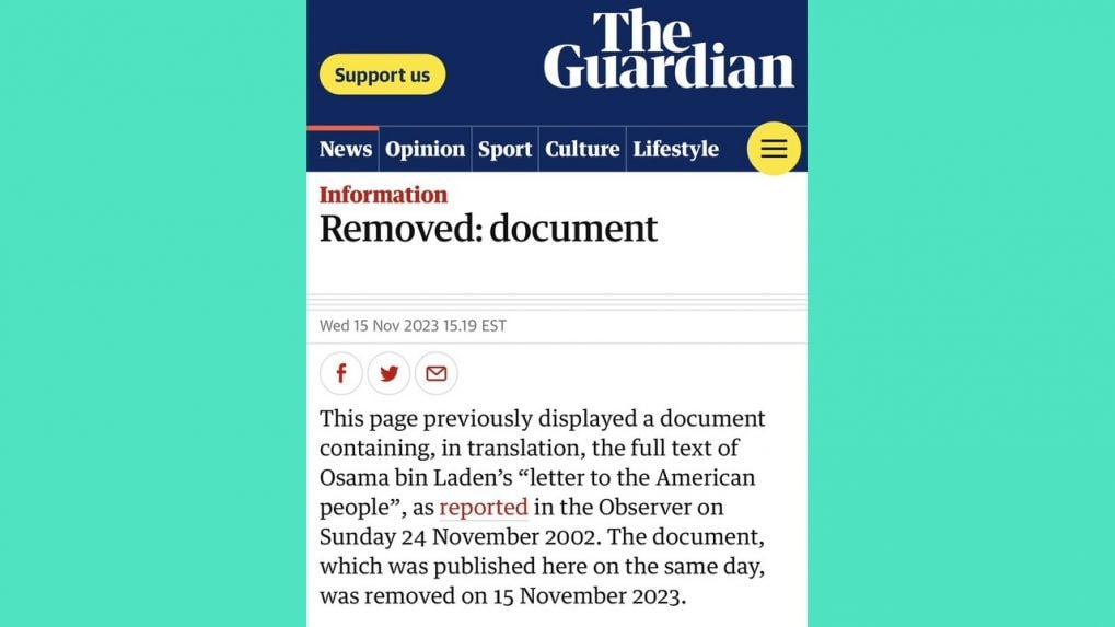 Osama bin Laden 'Letter to America' Goes Viral, Is Deleted by Guardian