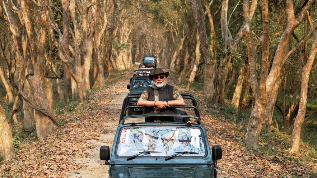 Prime Minister Narendra Modi takes part in an elephant and jeep safari in Assam's Kaziranga National Park